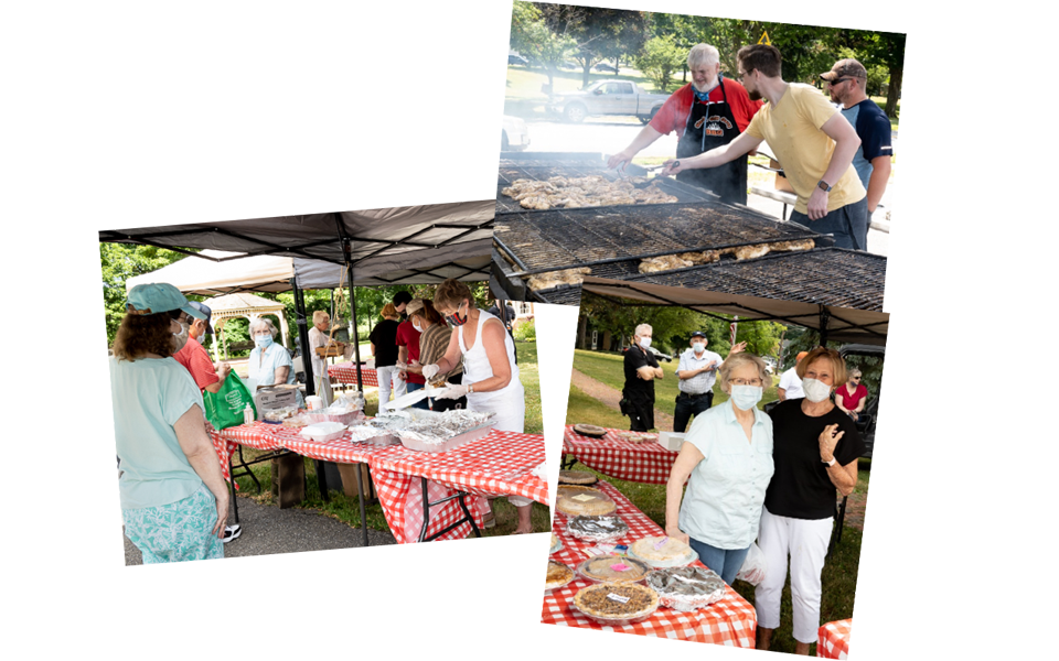 Volunteers helping with a chicken barbecue